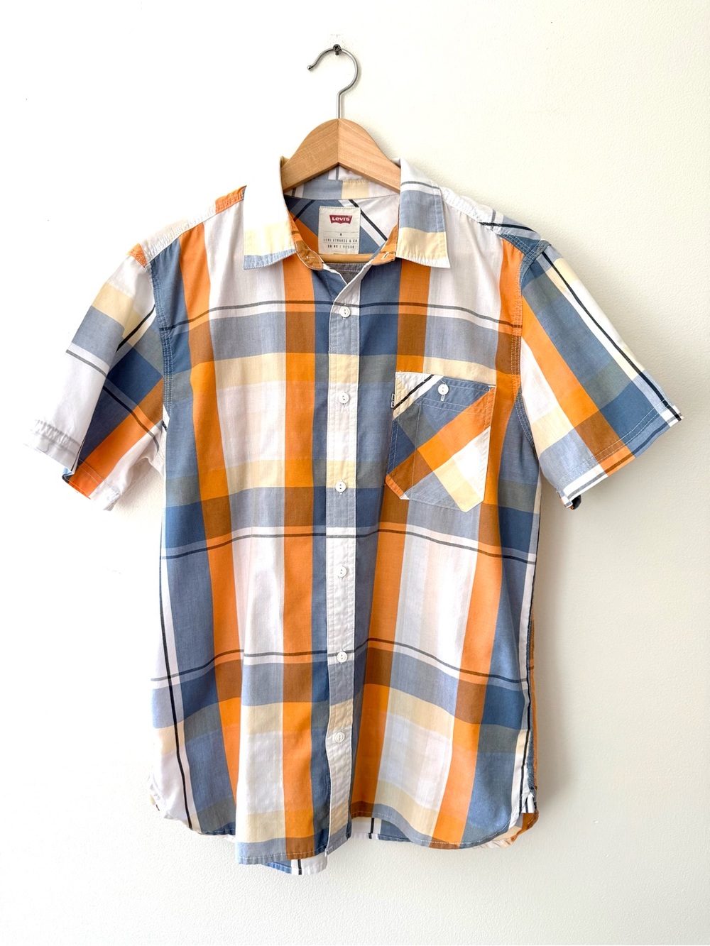 Levi's Plaid Button Down Short Sleeve Shirt White Tab Orange Blue M Retro Preppy